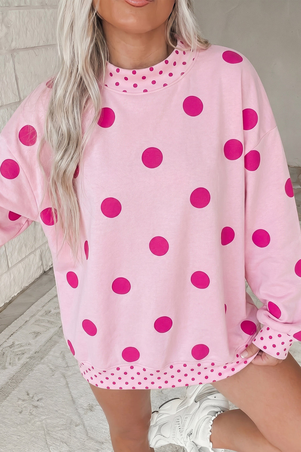 Red Polka Dot Print Contrast Detail Oversized Tunic Sweatshirt