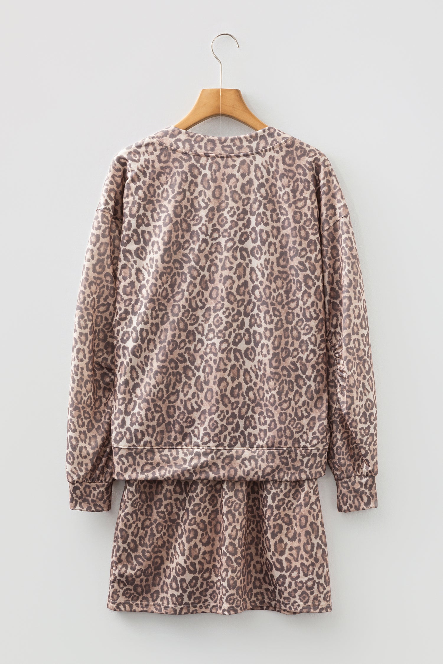 Light French Beige Leopard Print V Neck Pullover Mini Skirt 2pcs Set