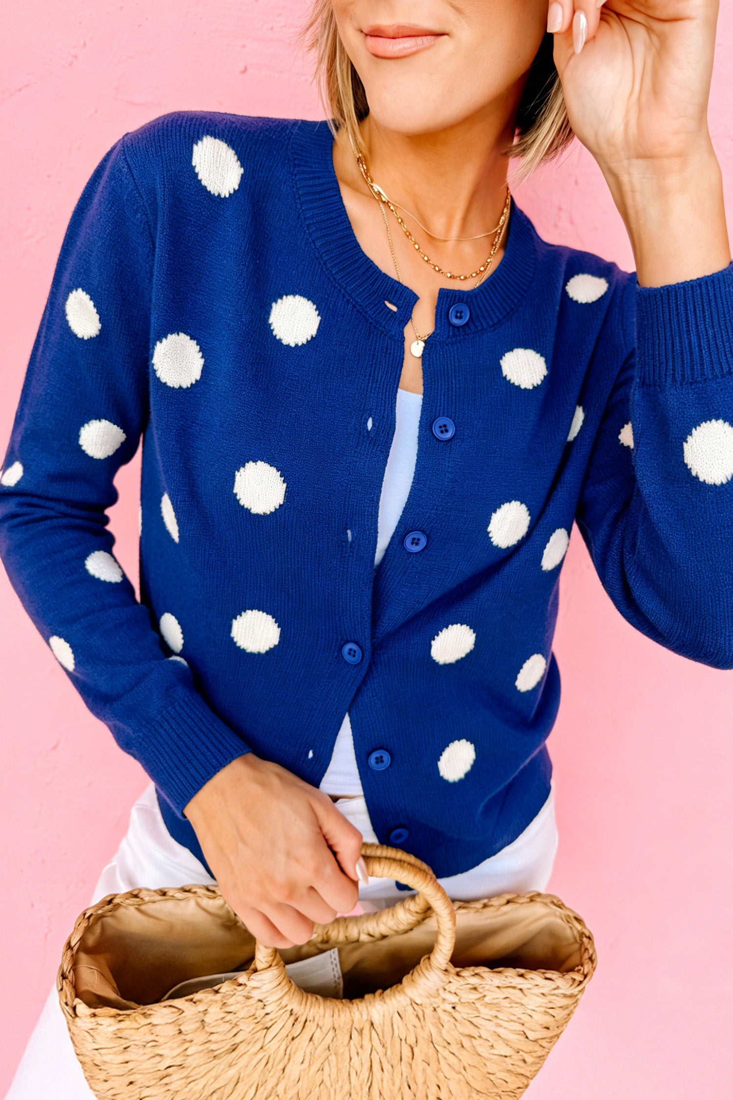 Fiery Red Casual Polka Dot Button Front Long Sleeve Sweater Cardigan