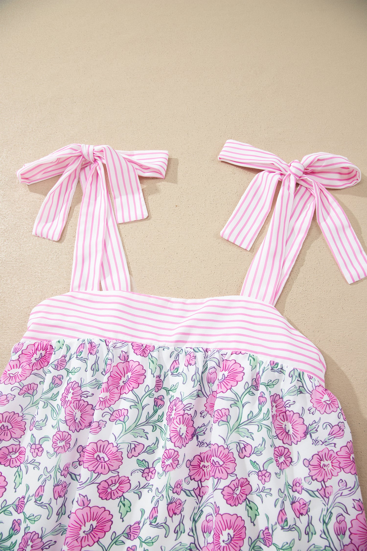 Pink Floral Print Striped Patchwork Bow Knot Straps Mini Dress
