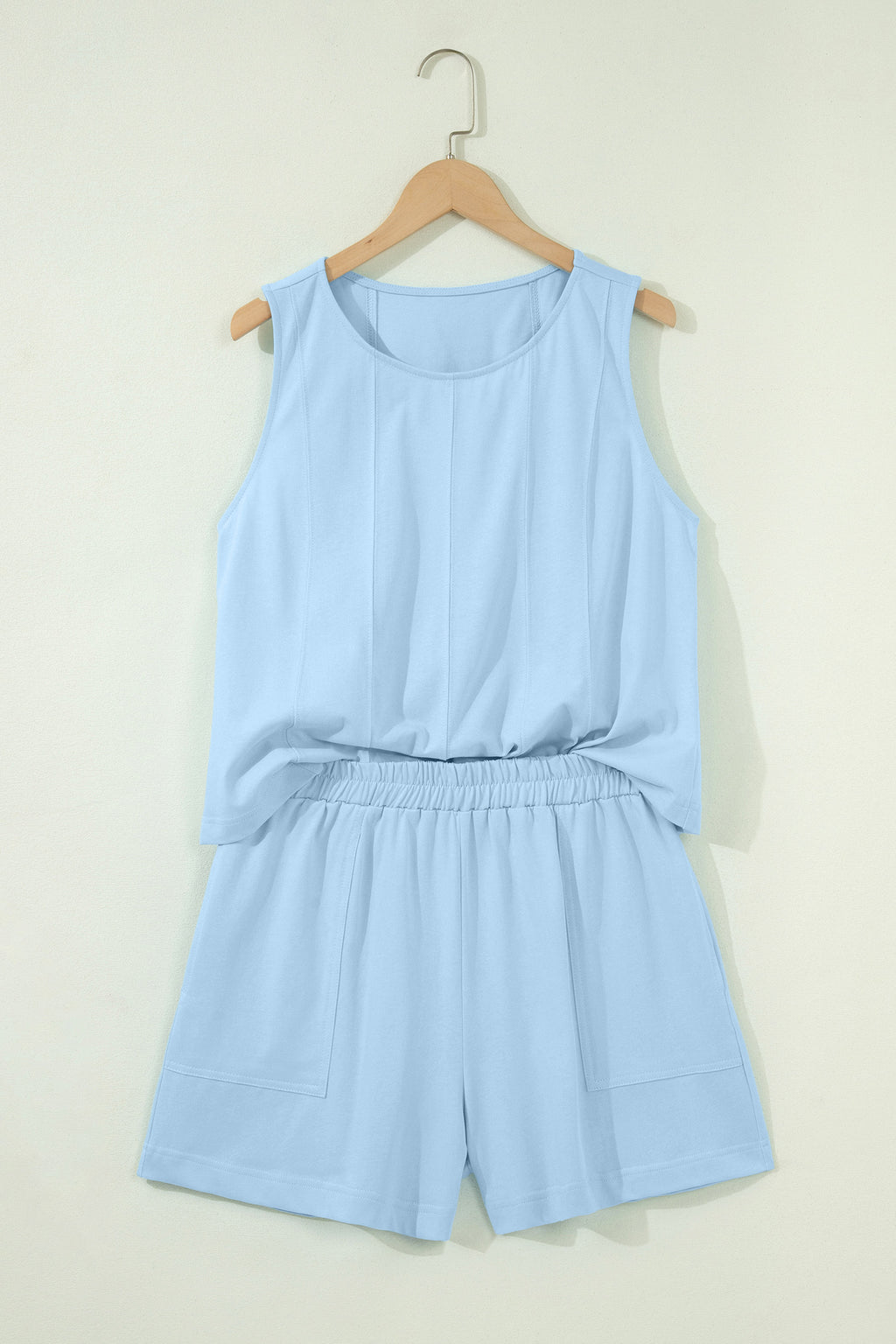 Mist Blue Stitched Detail Loose Tank Top 2pcs Short Set