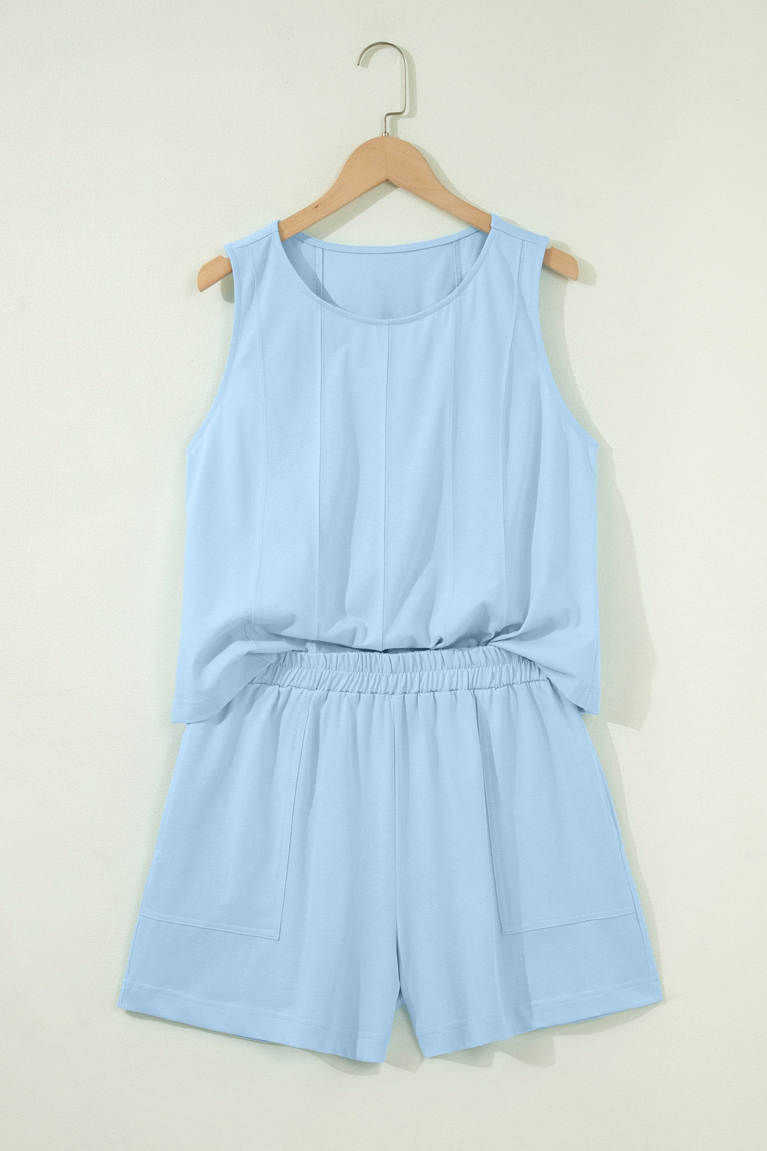 Mist Blue Stitched Detail Loose Tank Top 2pcs Short Set