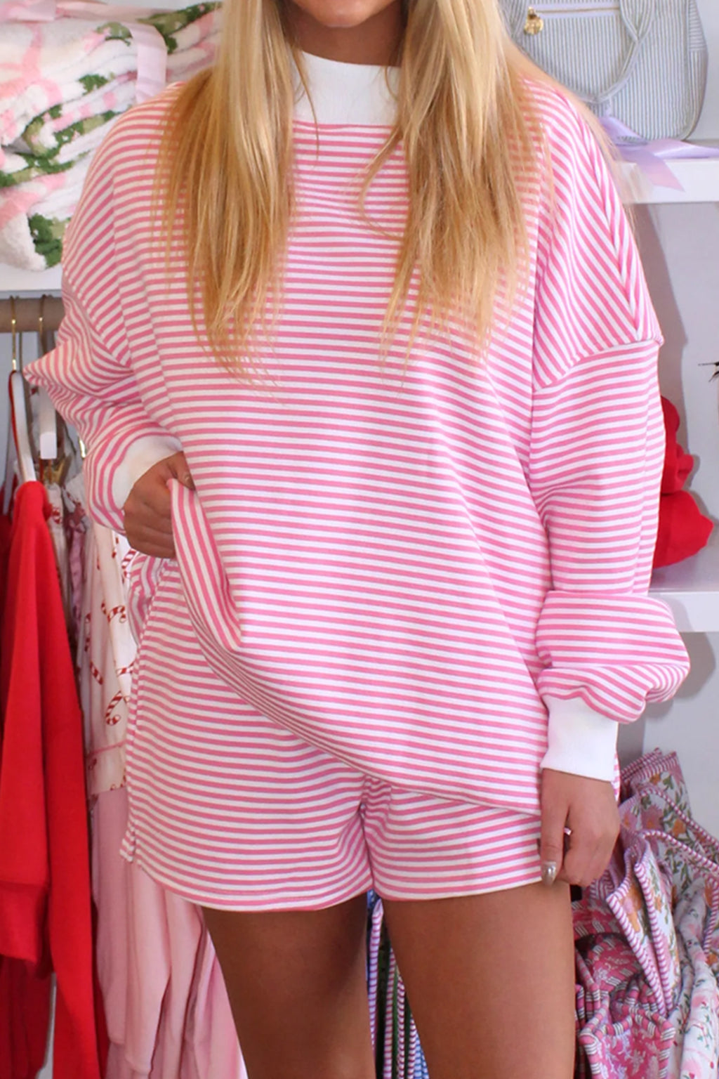 Pink Stripe Oversize Mock Neck Sweatshirt and Shorts Set