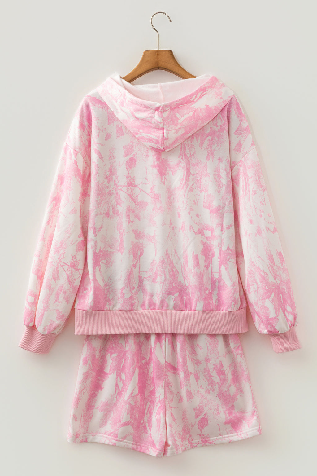 Pink Abstract Print Loose Hoodie Slim Shorts 2pcs Set
