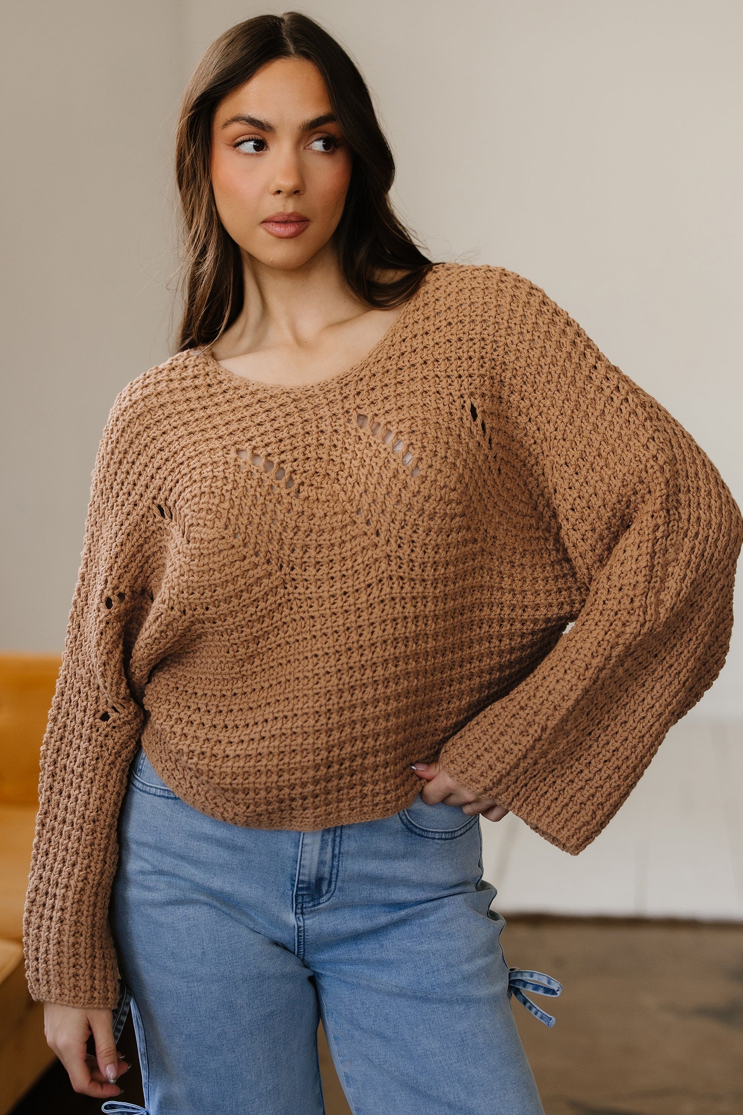 Camel Hollowed Detail Wide Sleeve Loose Pullover Sweater