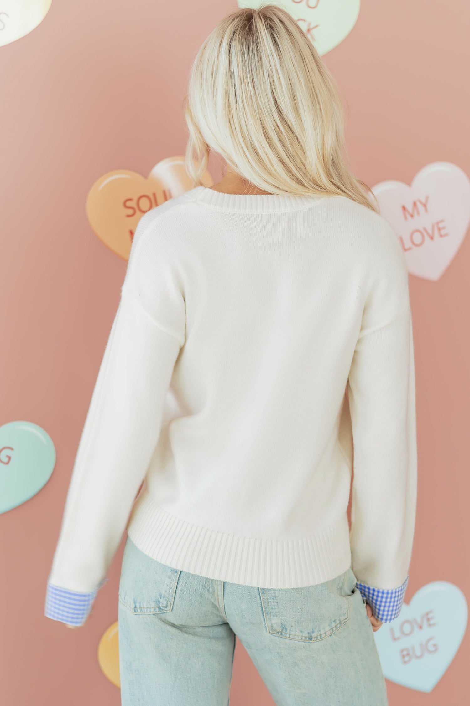 White Plaid Heart Embroidered Cuffed Drop Shoulder Crew Neck Sweater