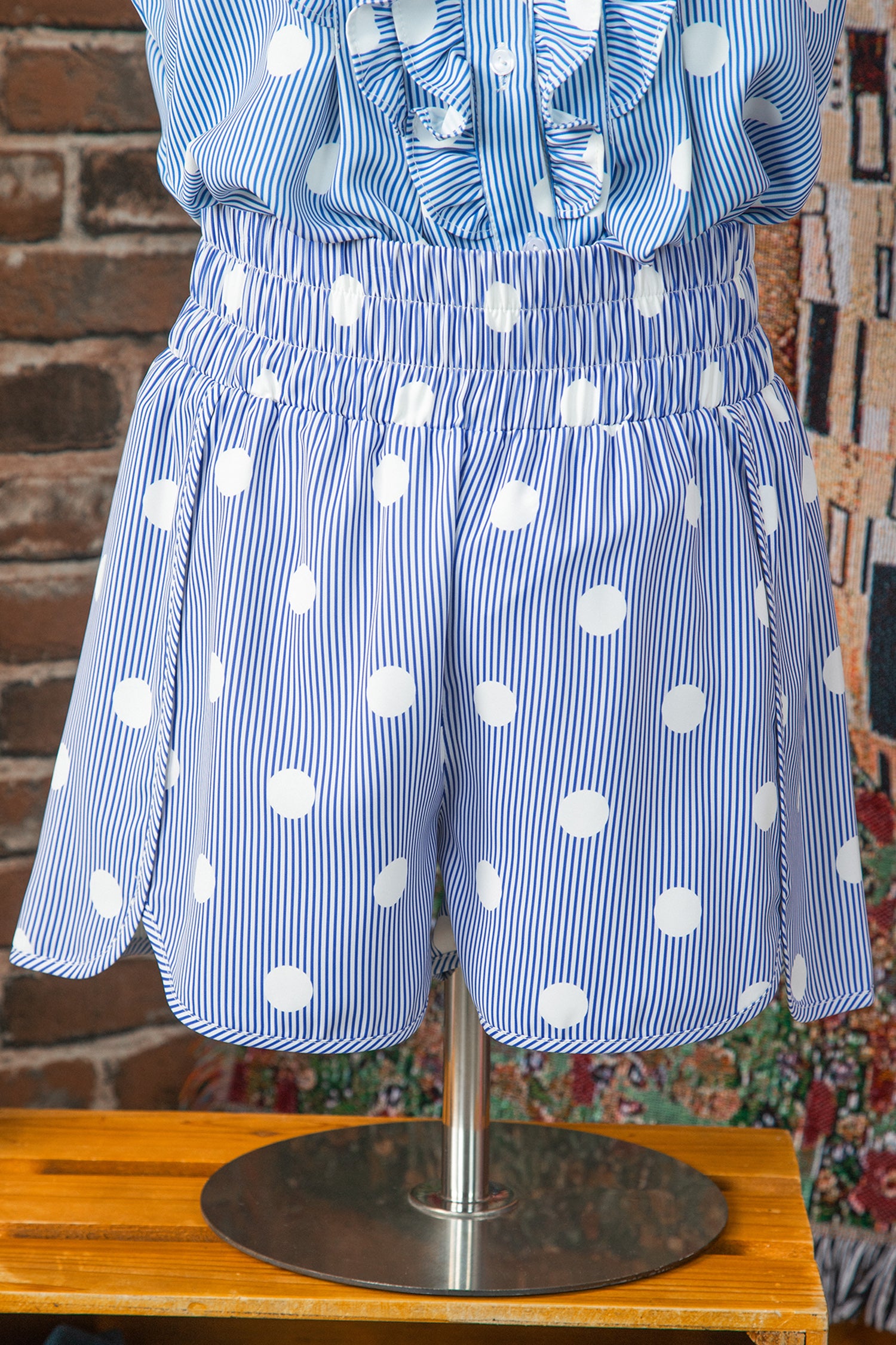Apricot Polka Dot Print Shirred High Waist Casual Shorts