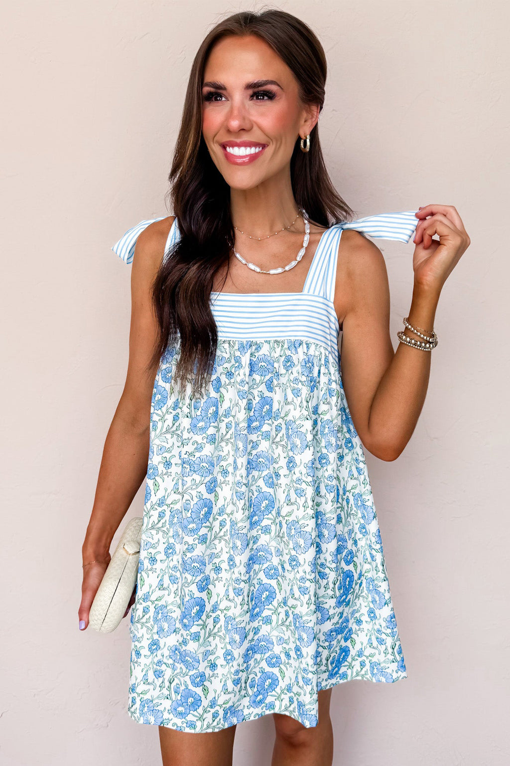 Blue Floral Print Striped Patchwork Bow Knot Straps Mini Dress