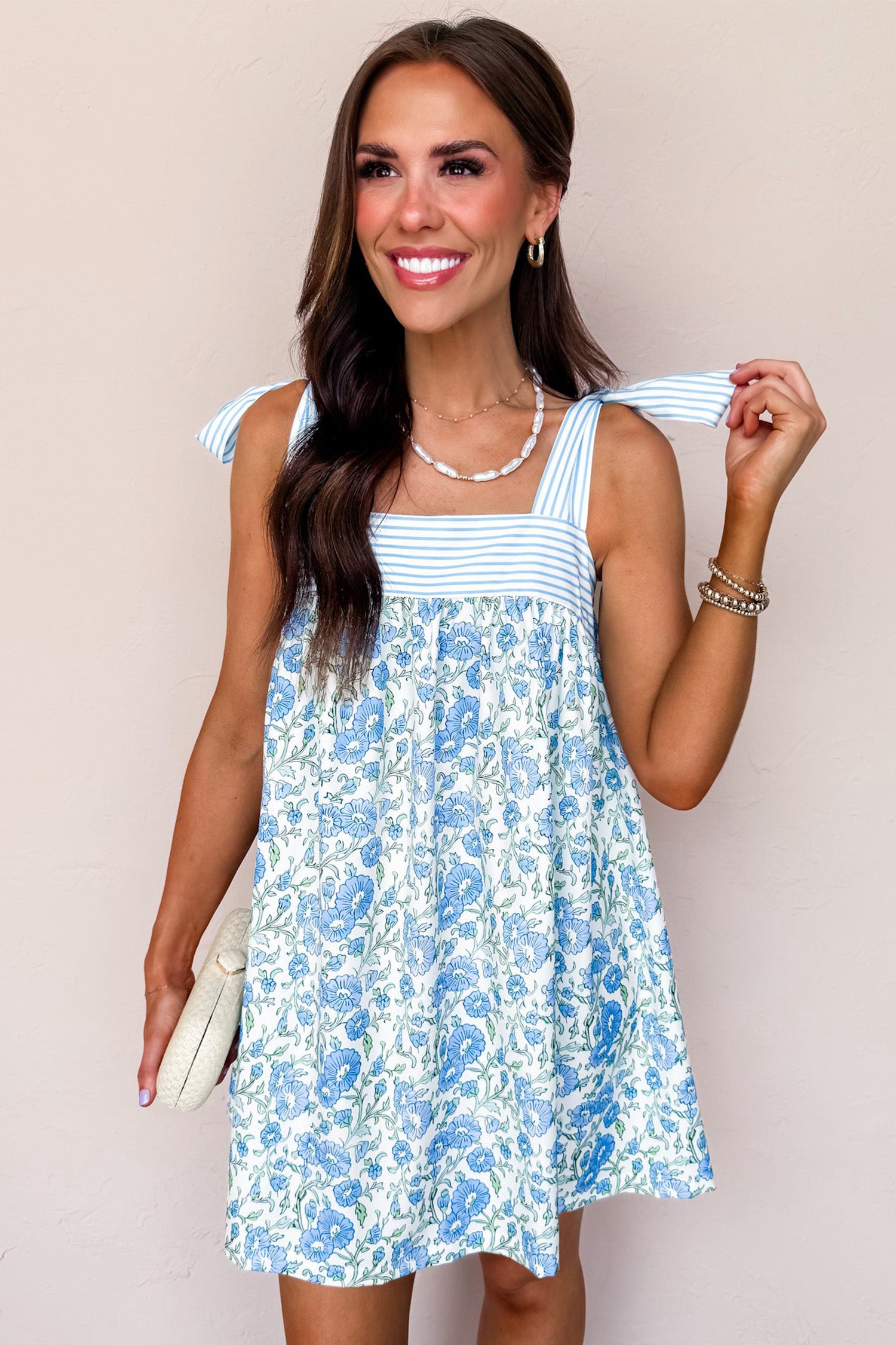Blue Floral Print Striped Patchwork Bow Knot Straps Mini Dress