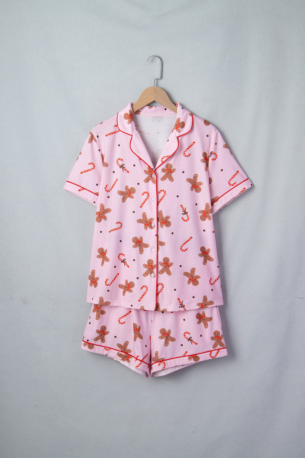 Pink Short Sleeve Placket Shell Button Elastic Waist Lounge Set