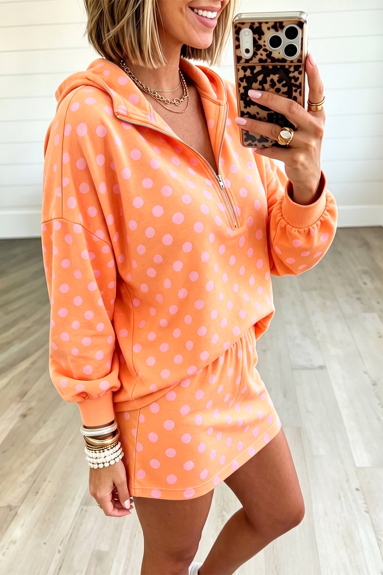 Pink Polka Dot Hooded Long Sleeve Top Casual Mini Skort Set