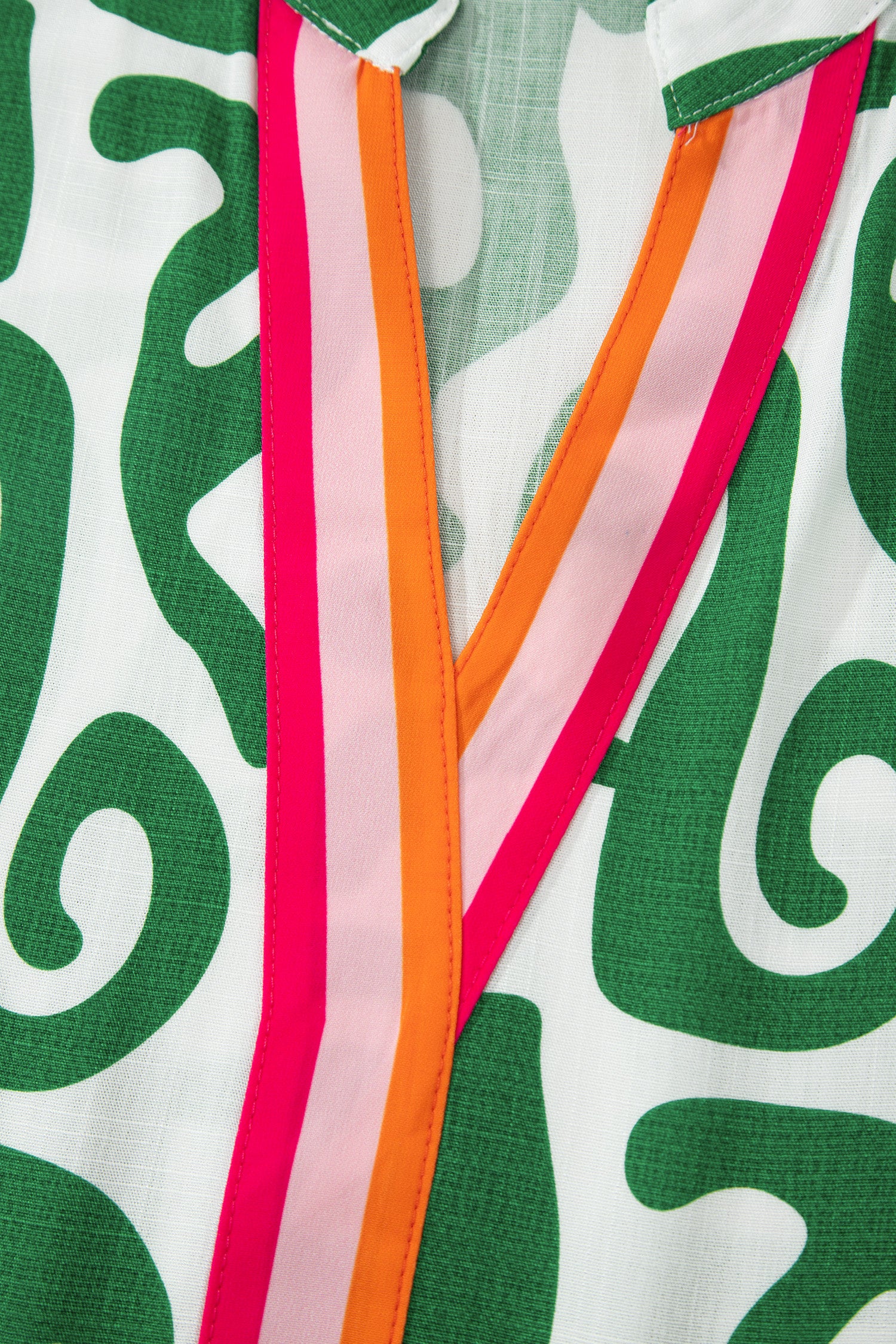 Green Abstract Print Striped Trim V Neck Short Sleeve Blouse