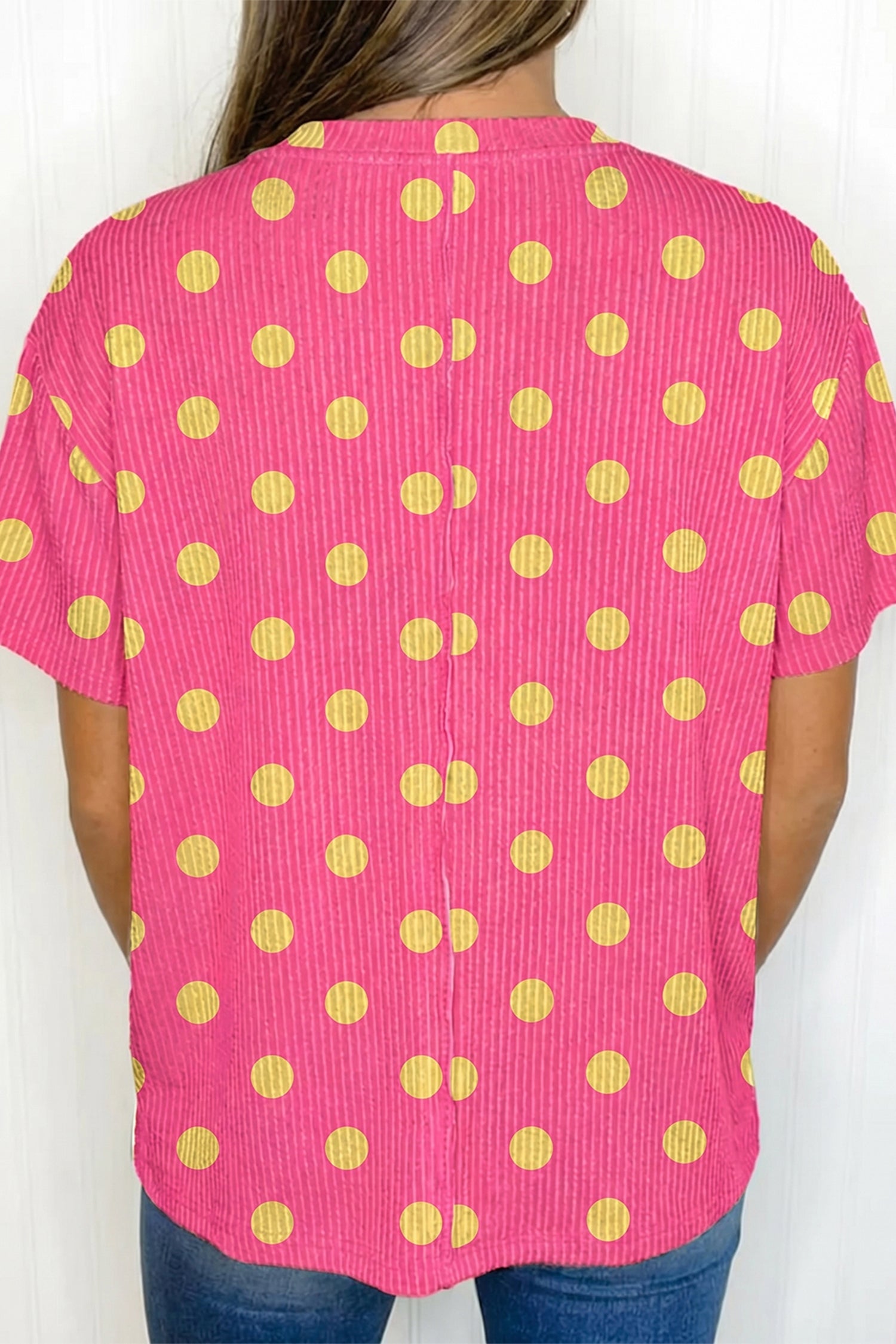 Sky Blue Polka Dot Round Neck Drop Shoulder Patch Pocket Jacquard Texture Top