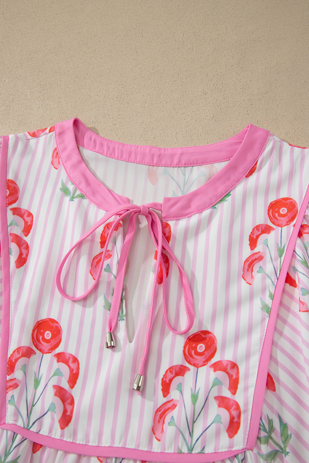 Pink Floral Striped Print Tie Notched Neck Puff Sleeve Flared Mini Dress