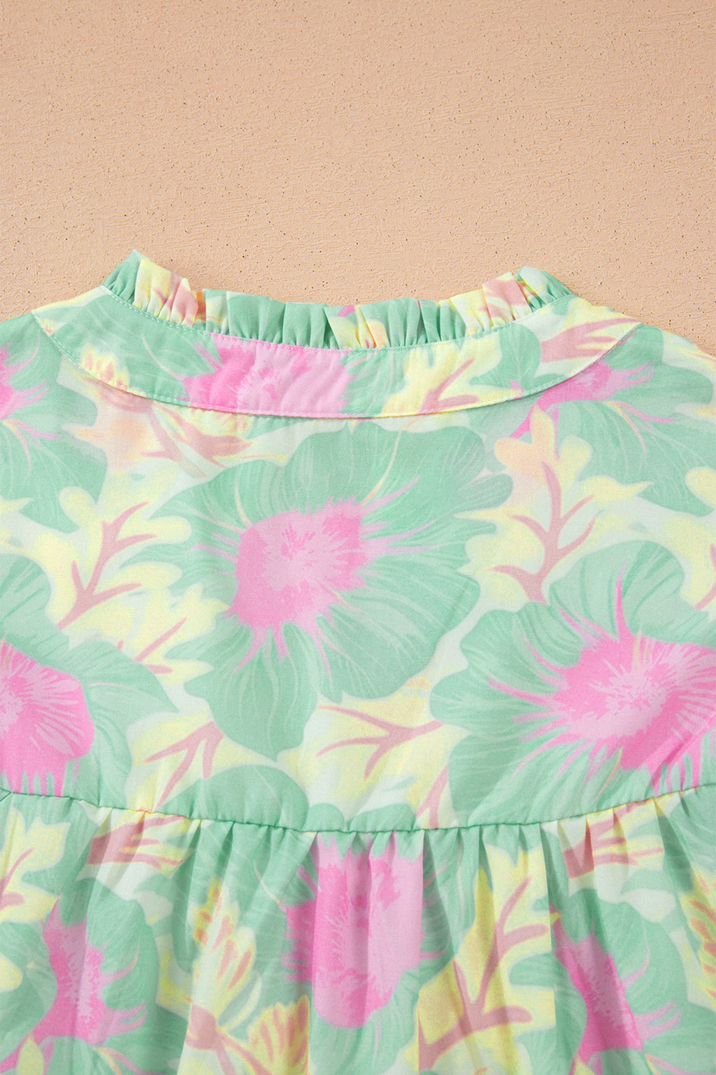 Green Short Bubble Sleeve Summer Floral Blouse