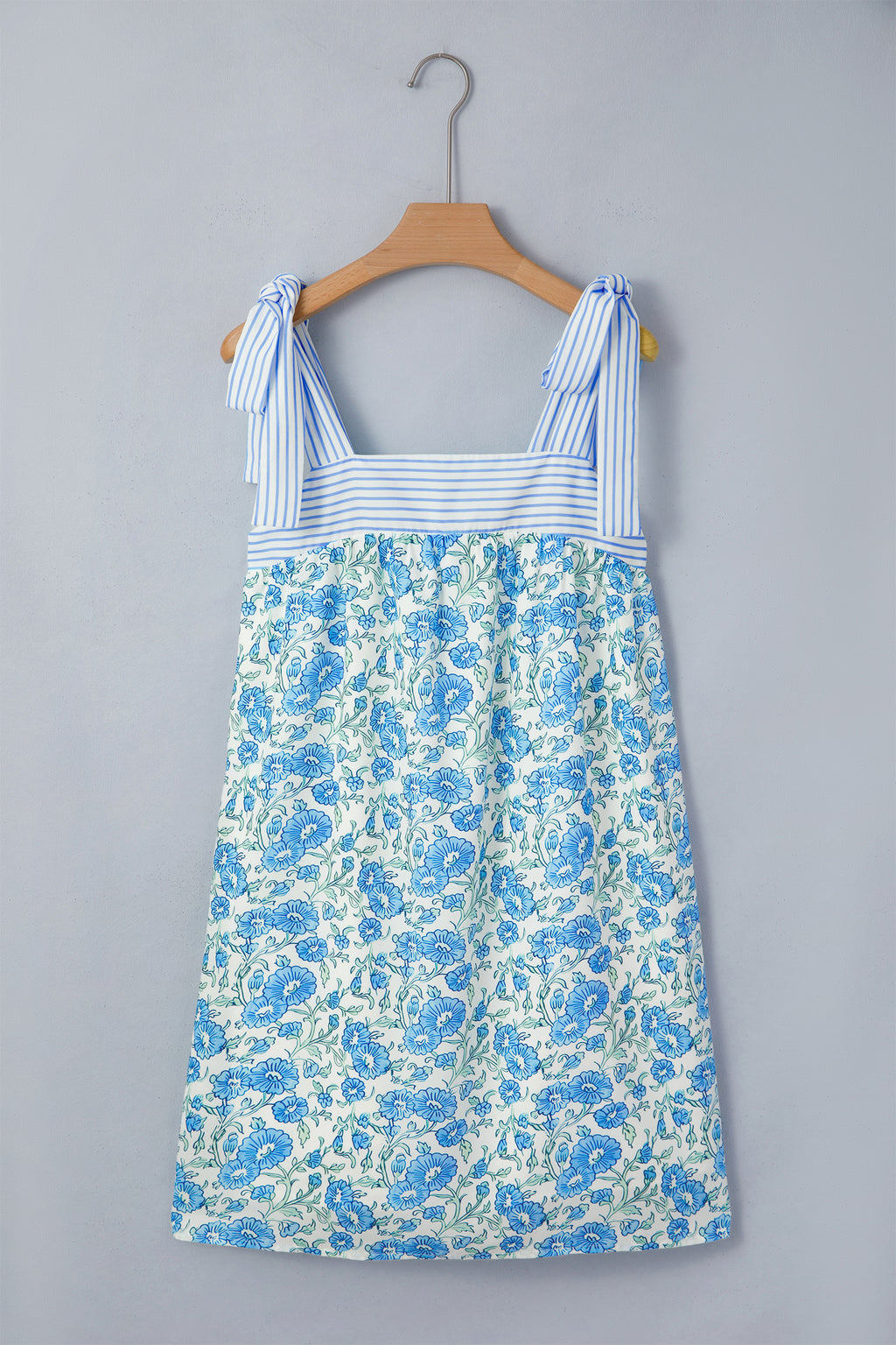 Blue Floral Print Striped Patchwork Bow Knot Straps Mini Dress