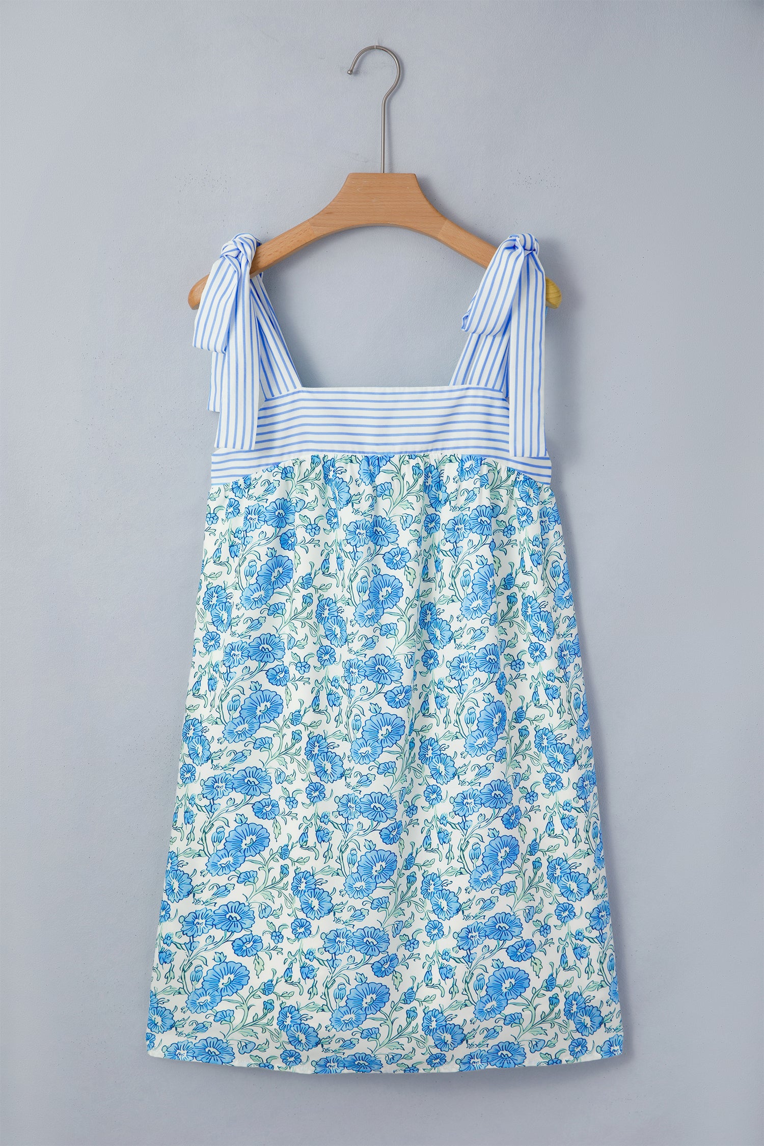 Blue Floral Print Striped Patchwork Bow Knot Straps Mini Dress