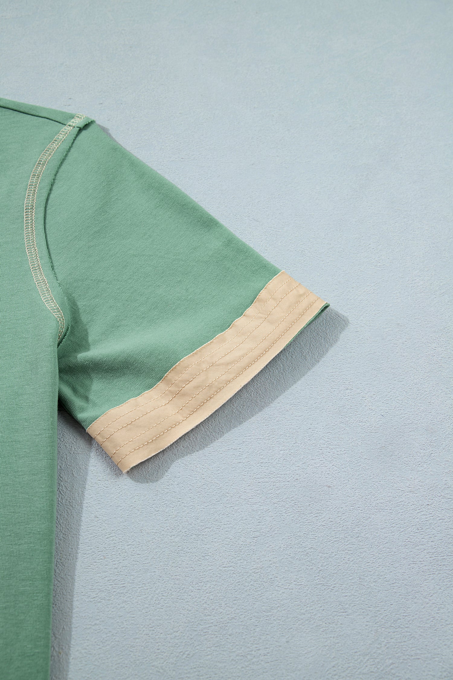 Mint Green Raw Seam Color Block Detail Buttoned Henley Tee