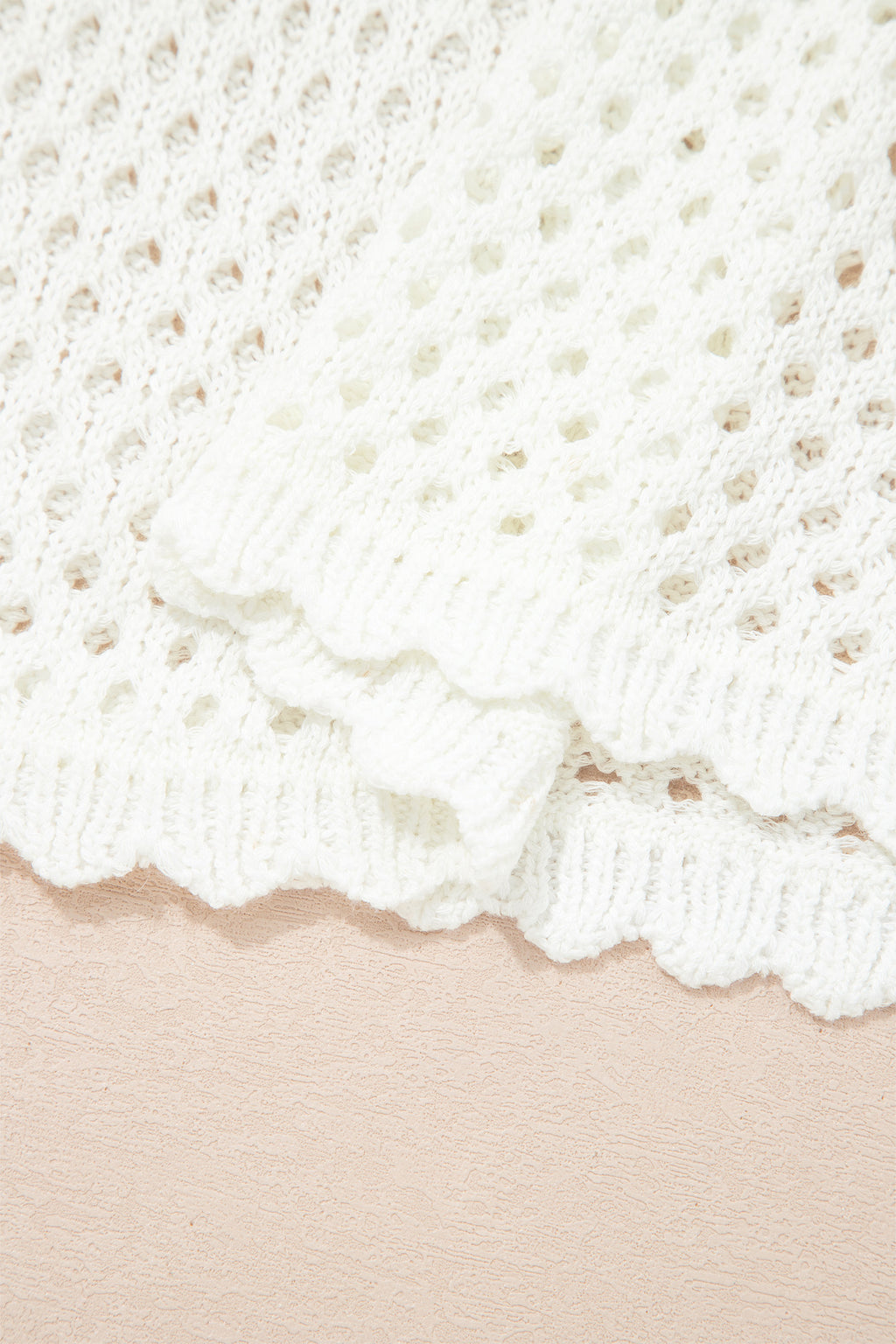 White Scalloped Trim Hollow Out Knit Long Sleeve Top