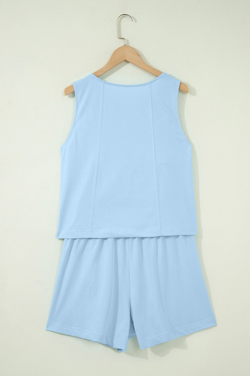 Mist Blue Stitched Detail Loose Tank Top 2pcs Short Set