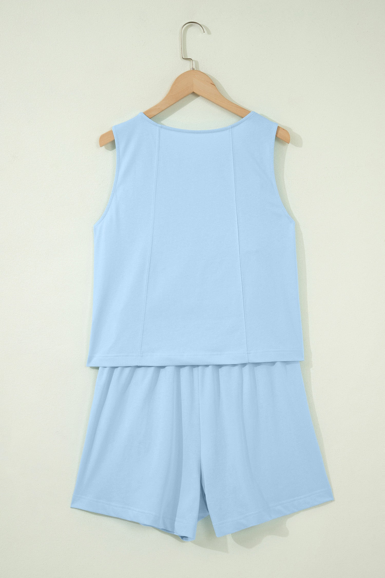 Mist Blue Stitched Detail Loose Tank Top 2pcs Short Set