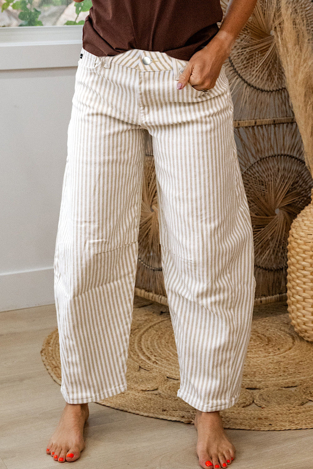 Brown Stripe Casual Barrel Jeans