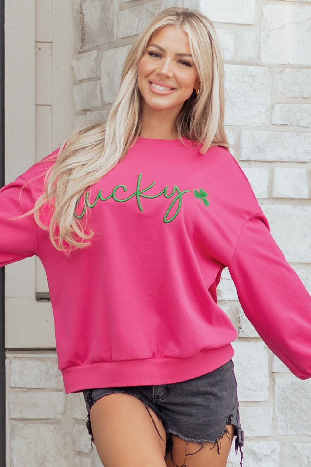 Rose Red Lucky Clover Embroidered Loose Pullover Sweatshirt
