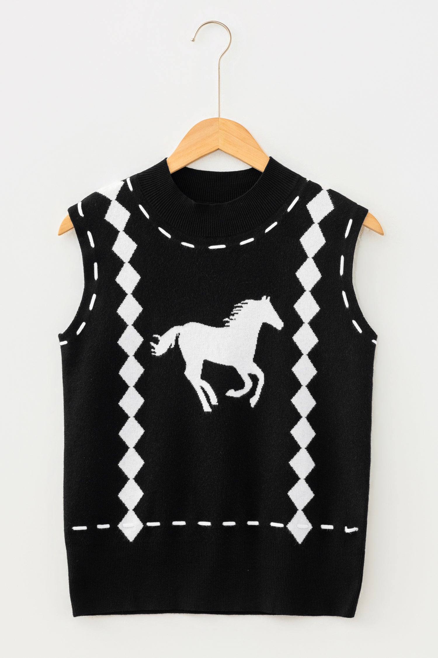 Black Western Horse Geometric Print Mock Neck Sweater Vest