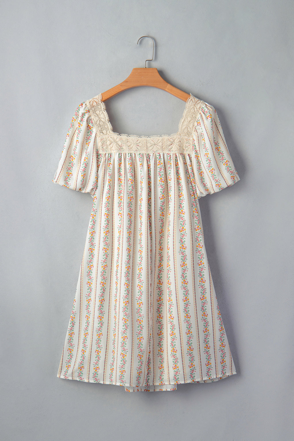 Multicolour Floral Print Contrast Ribbon Bow Lace Trim Square Neck Mini Dress