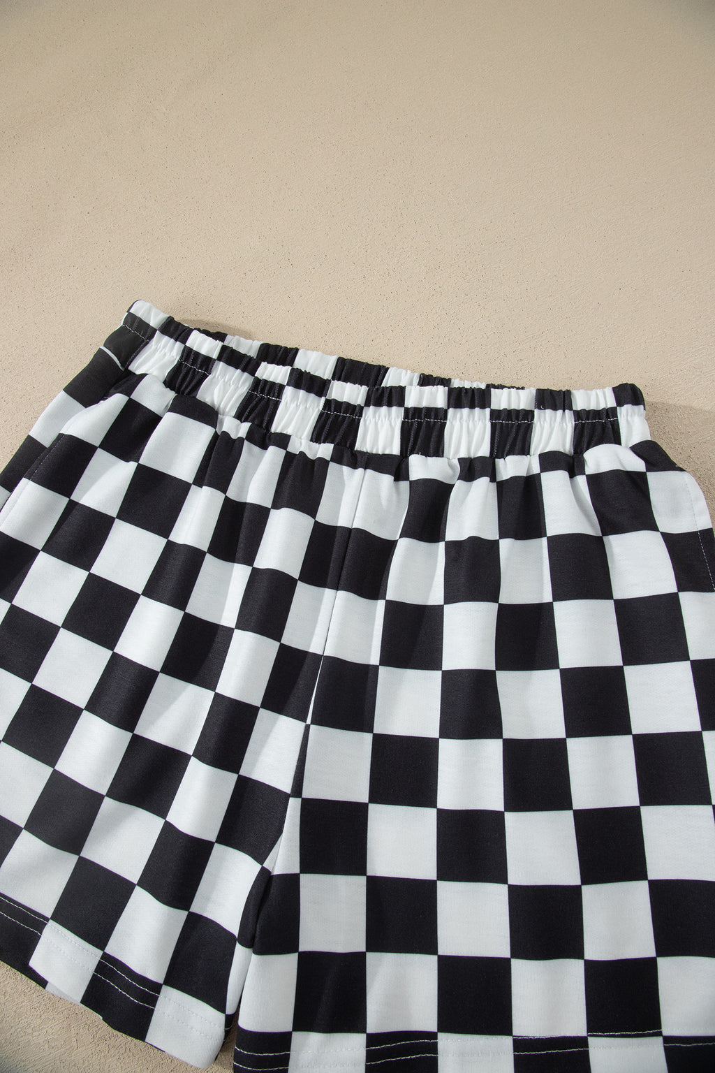 Pink Checkered Print Color Block Trim Mock Neck Short Set
