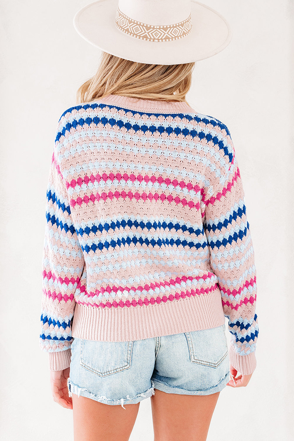 Khaki Stripe Eyelet Patterned Drop Shoulder Sweater