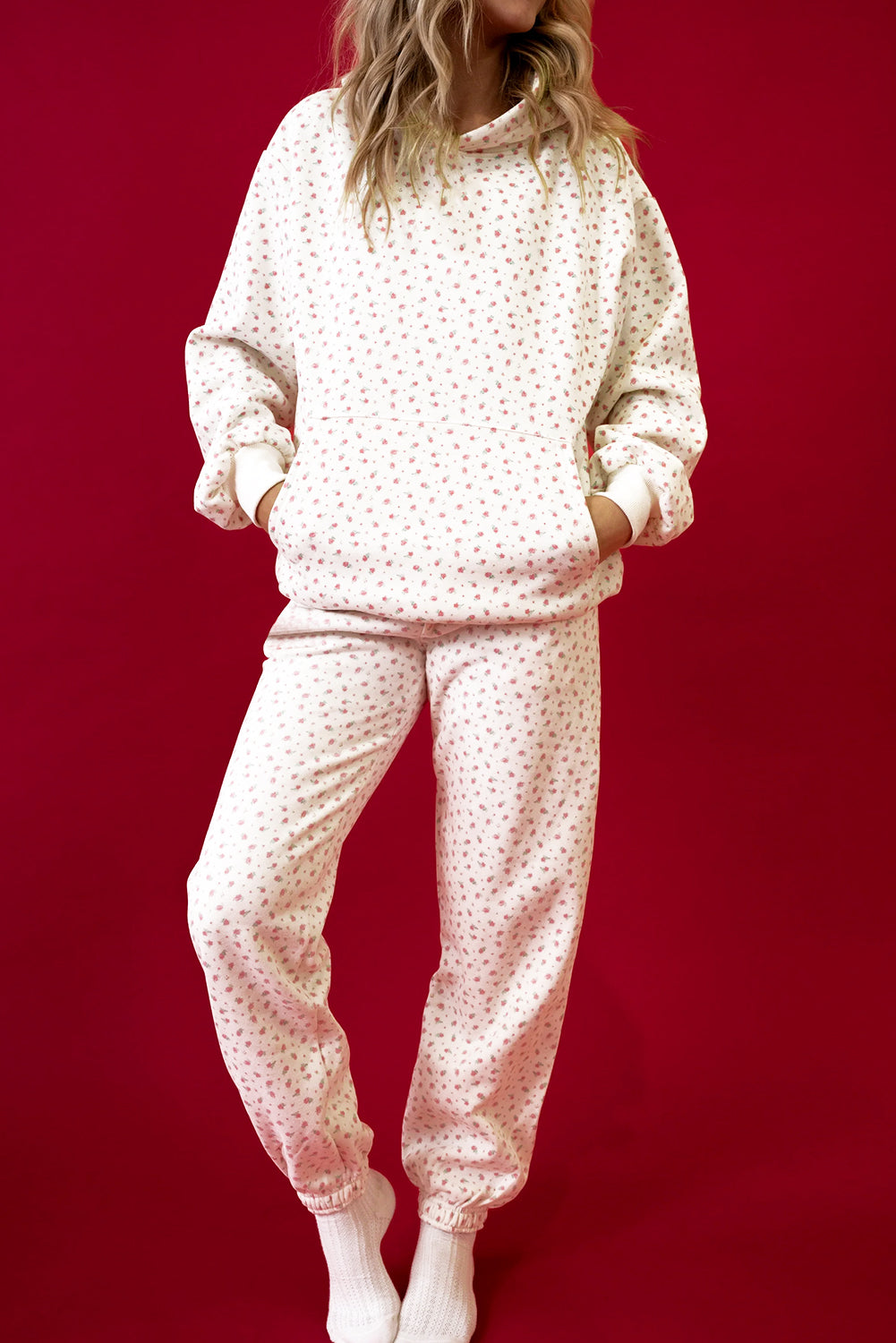 Pink Floral Print Kangaroo Pocket Hoodie Sheath Sweatpants Set