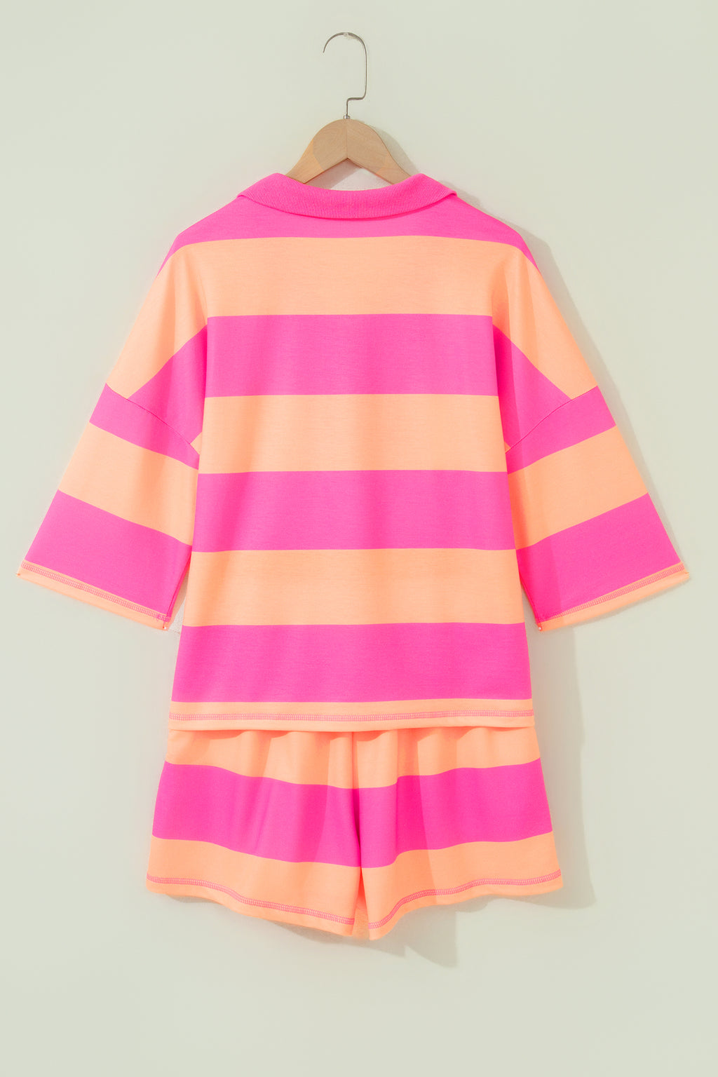 Pink Seam Detail Half Zip Tee Casual Shorts 2pcs Set