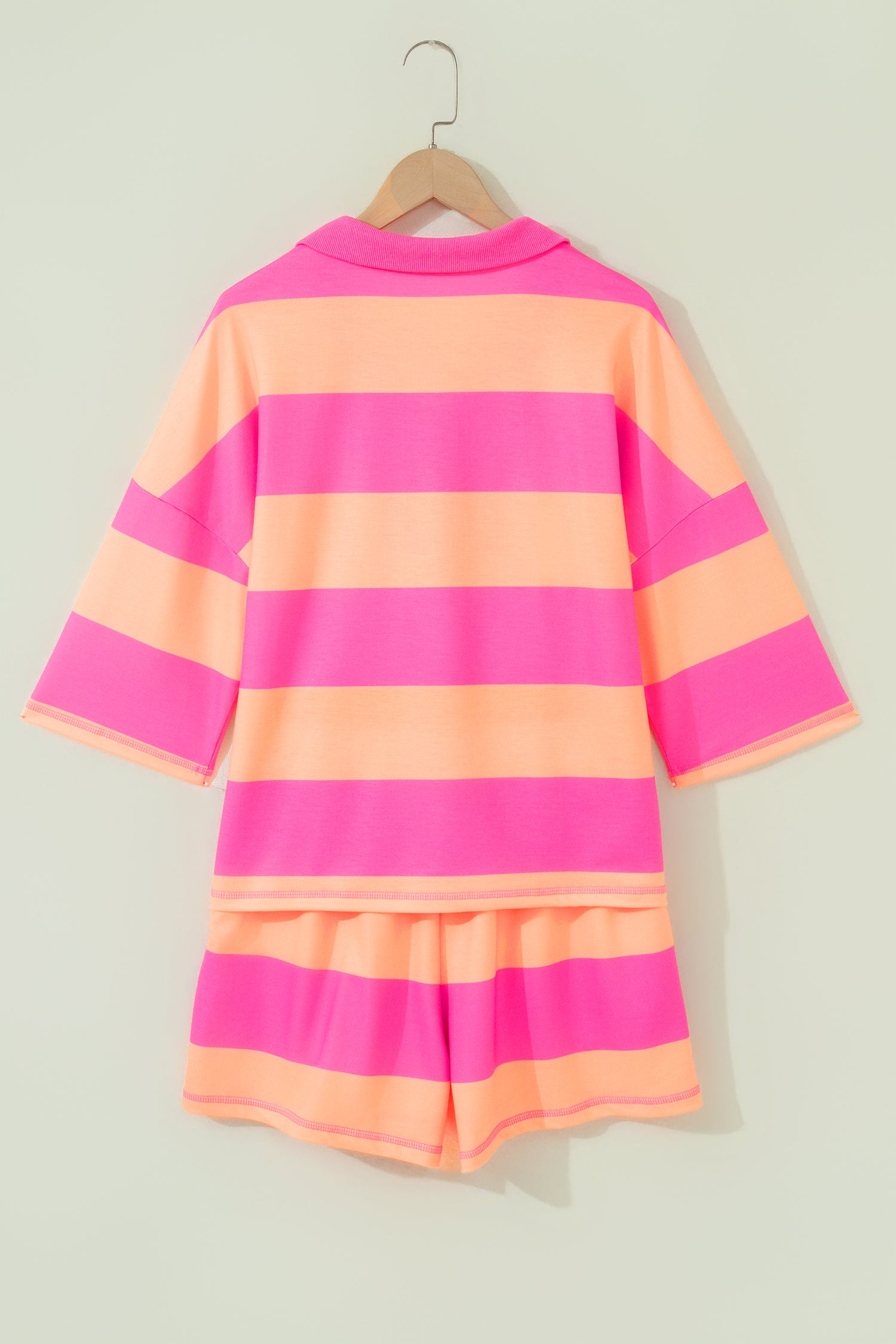 Pink Seam Detail Half Zip Tee Casual Shorts 2pcs Set