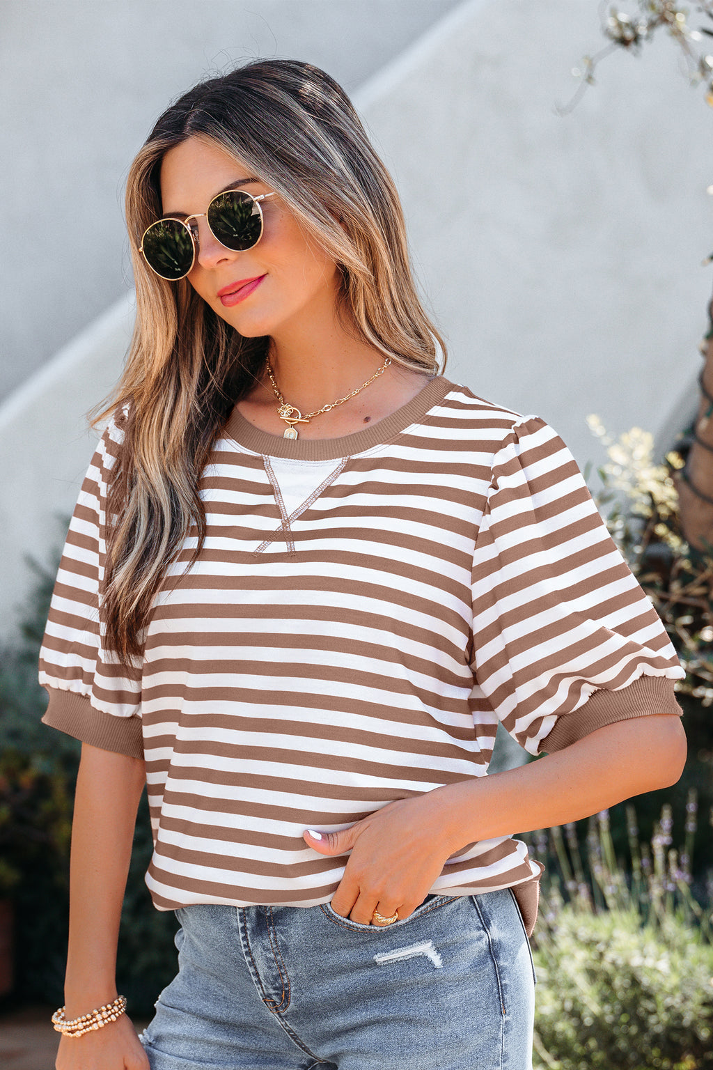 Khaki Stripe Short Bubble Sleeve T Shirt