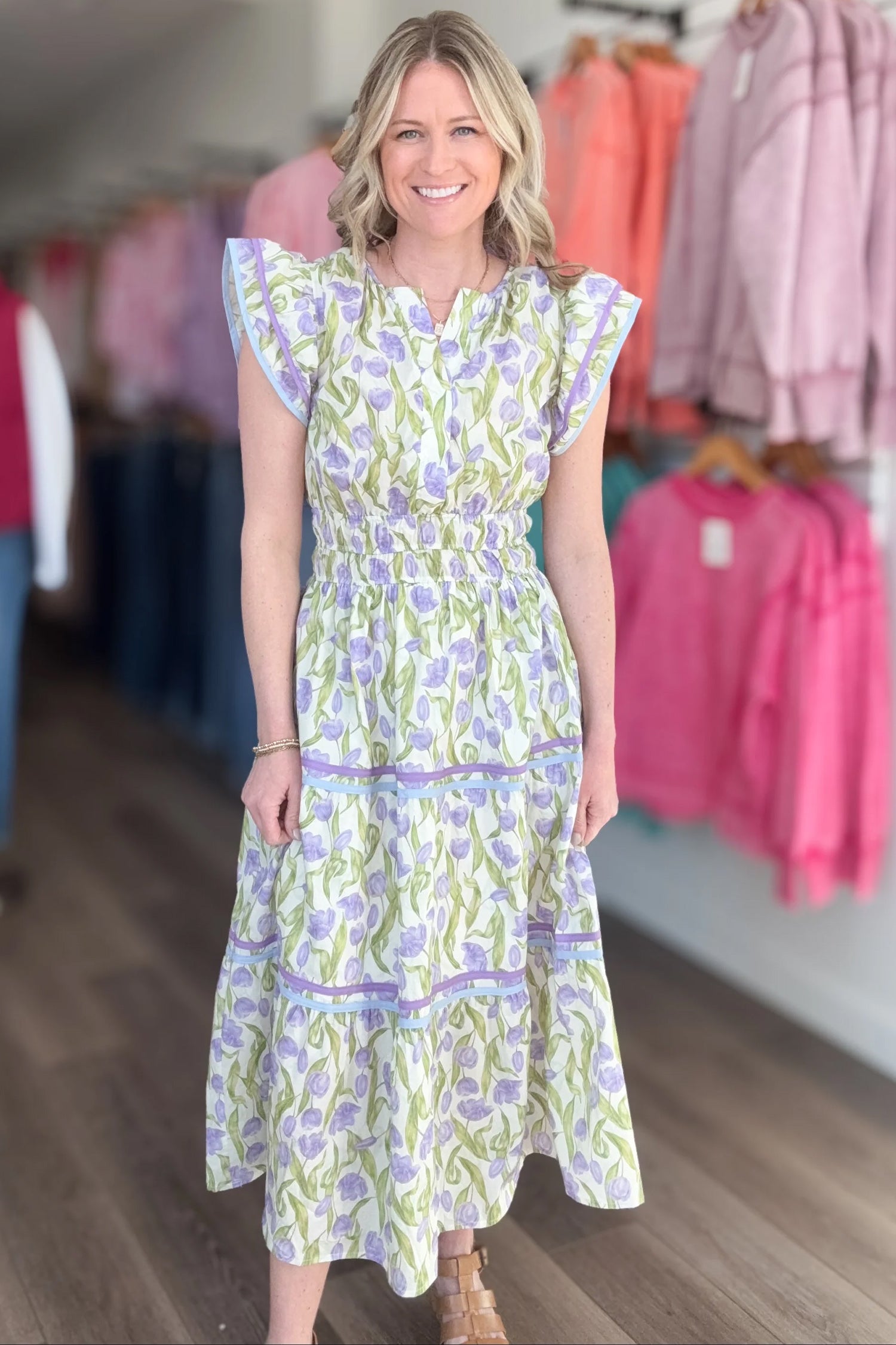 Purple Tulip Floral Print Contrast Trim Midi Dress