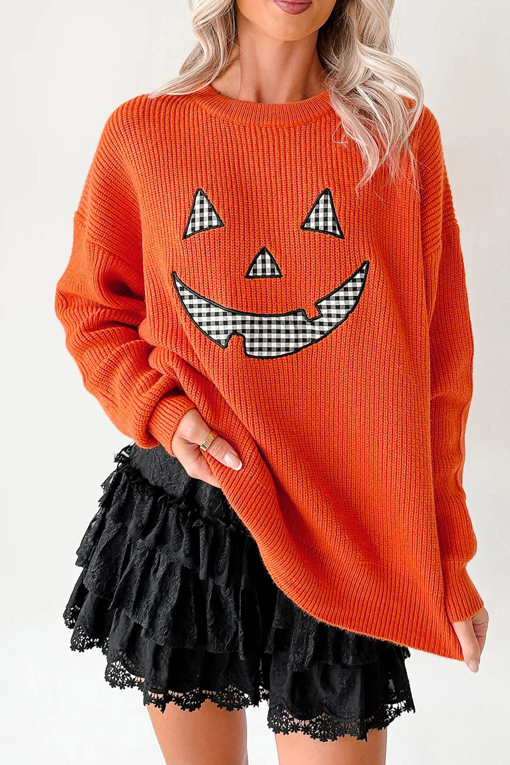 Orange Drop Shoulder Long Sleeve Round Neck Halloween Sweater