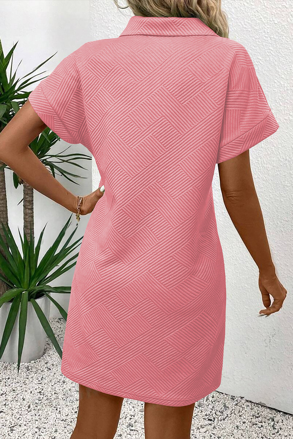 Myosotis Solid Color Textured Short Sleeve A Line Mini Dress
