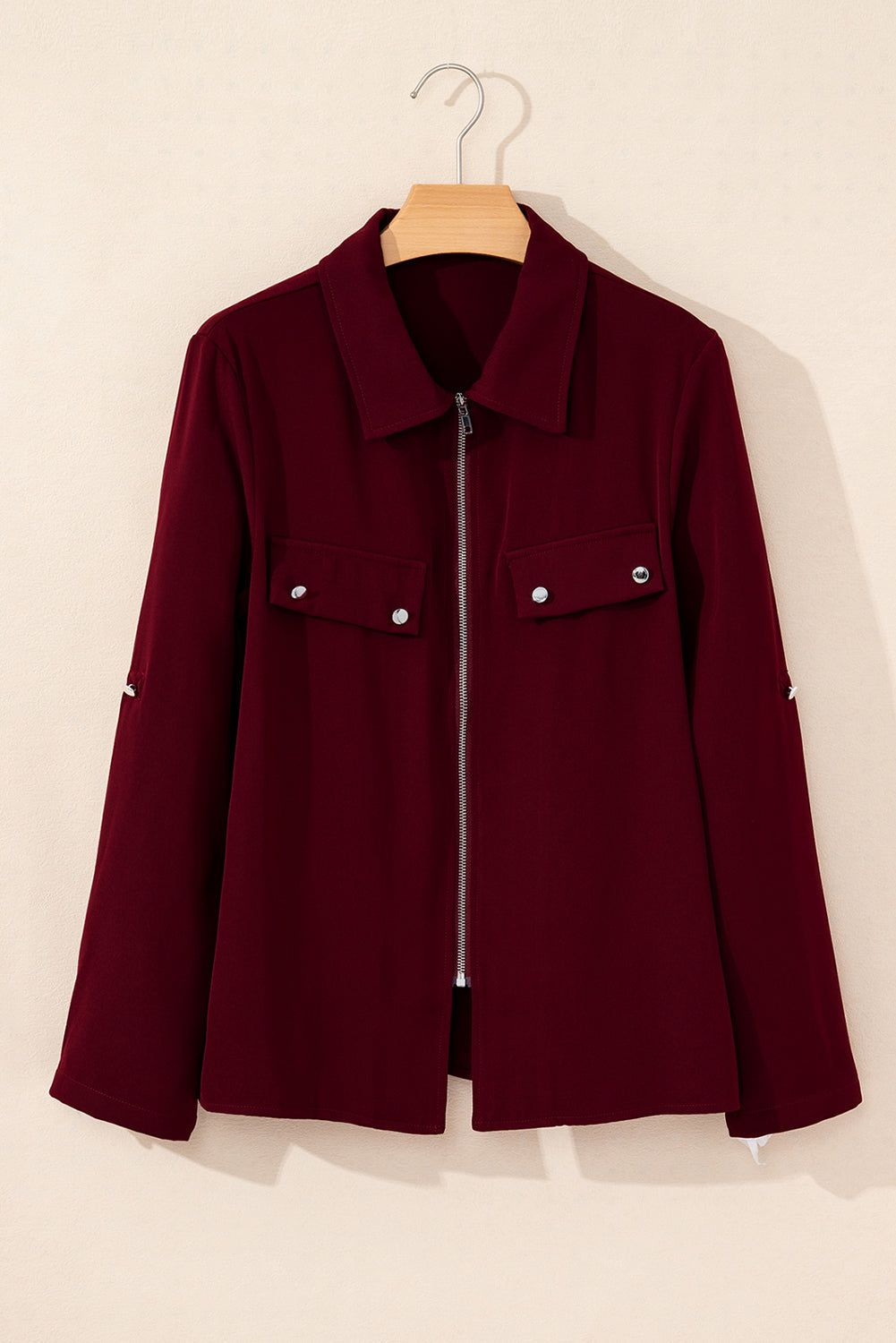 Black Collar Tab Sleeve Zip Up Flap Detail Jacket