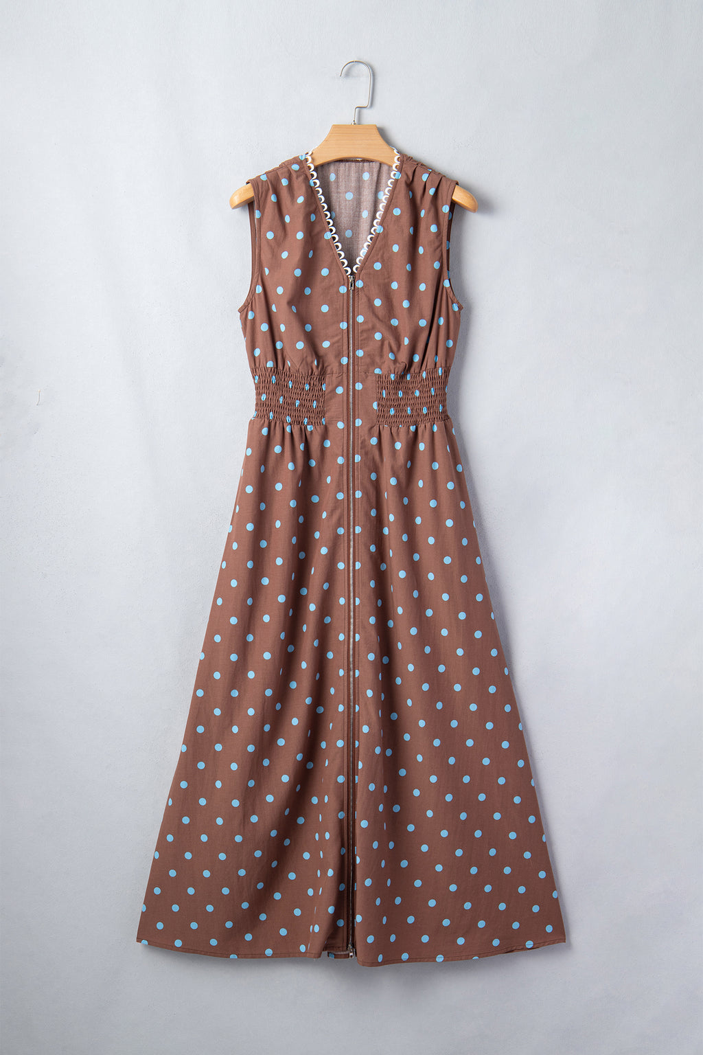 Black Polka Dot Print Contrast Trim V Neck Zip Up Sleeveless Dress