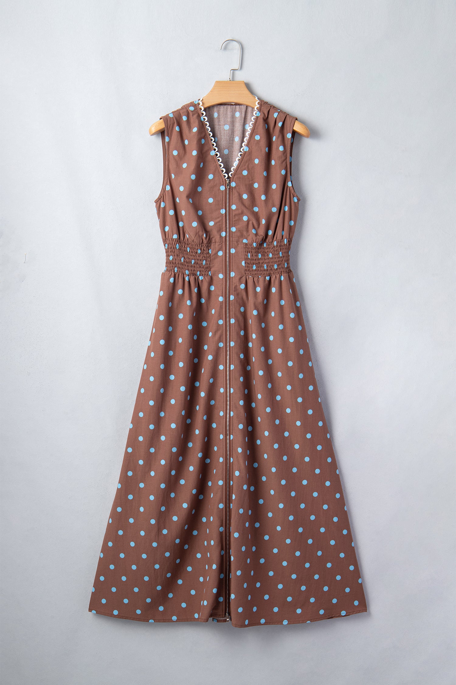Black Polka Dot Print Contrast Trim V Neck Zip Up Sleeveless Dress