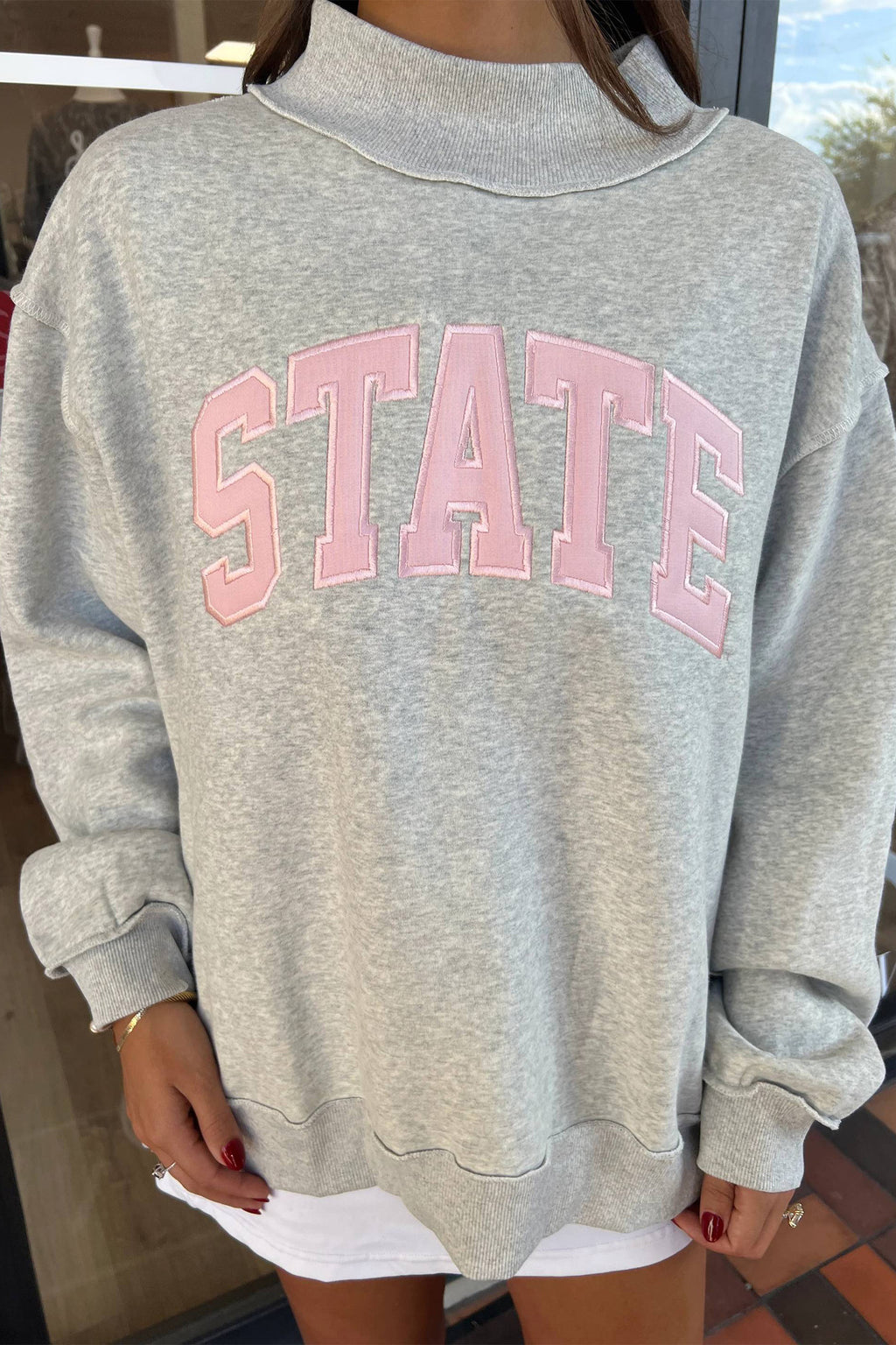 Light Grey Exposed Seam Mock Neck Letter Embroidered Loose Sweatshirt