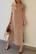Black Stripe Casual Short Sleeve Side Slit Maxi T Shirt Dress