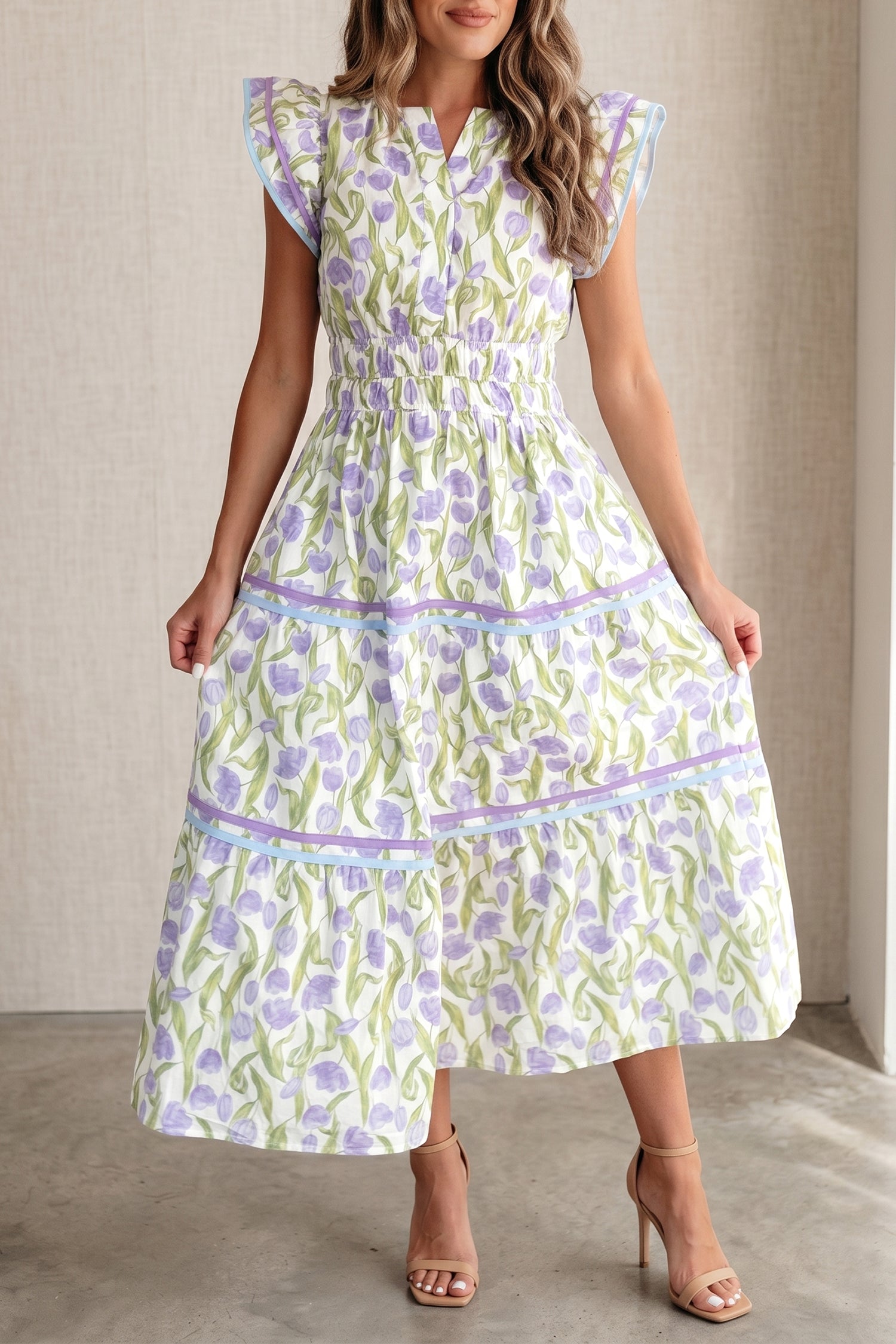 Purple Tulip Floral Print Contrast Trim Midi Dress
