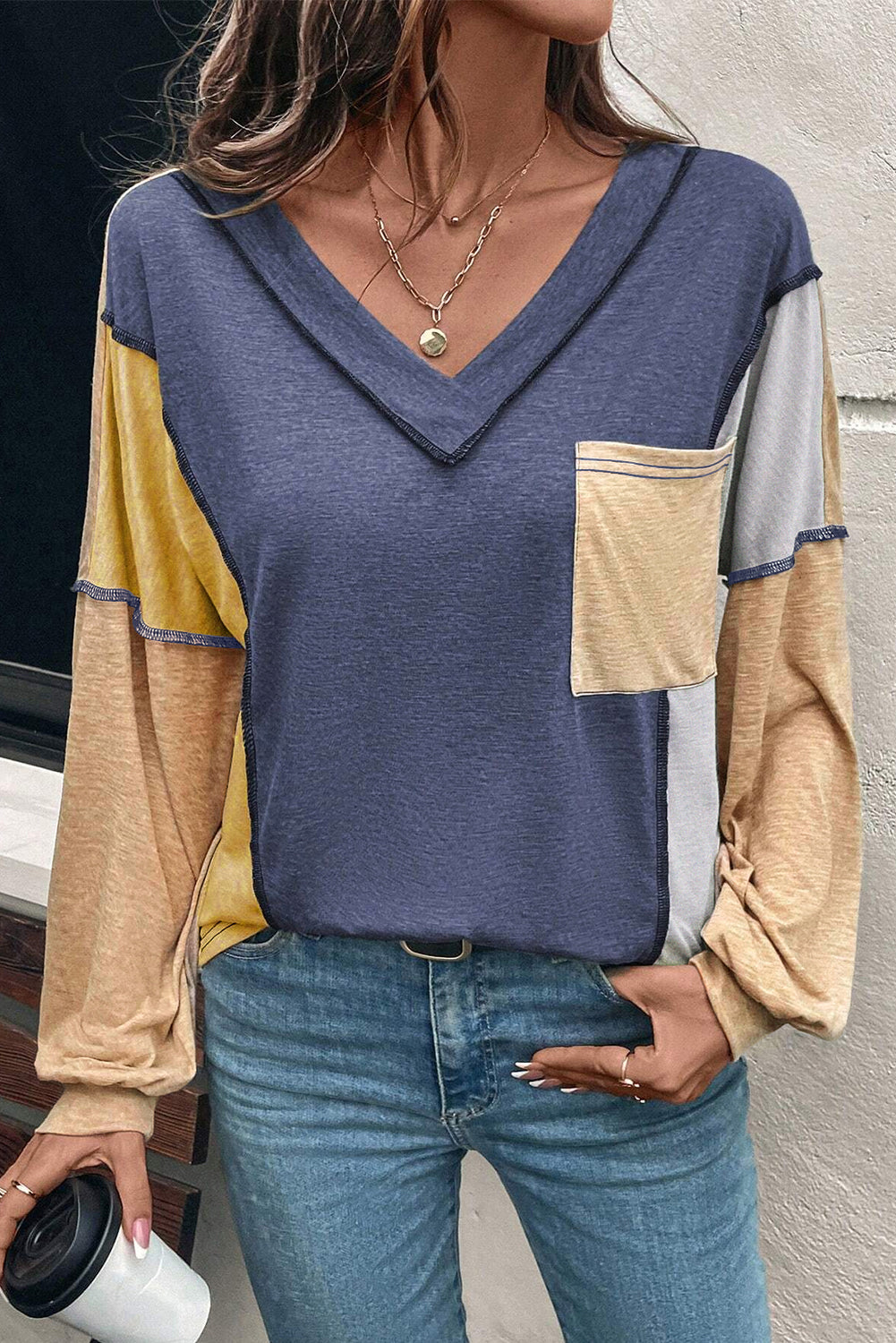 Four Leaf Clover Exposed Stitching Colorblock V Neck Long Sleeve Top