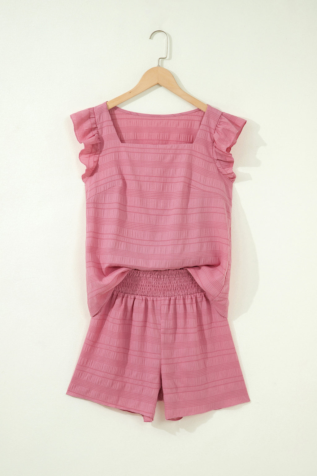 Peach Blossom Textured Square Neck Top and Shirred High Waist Shorts Set