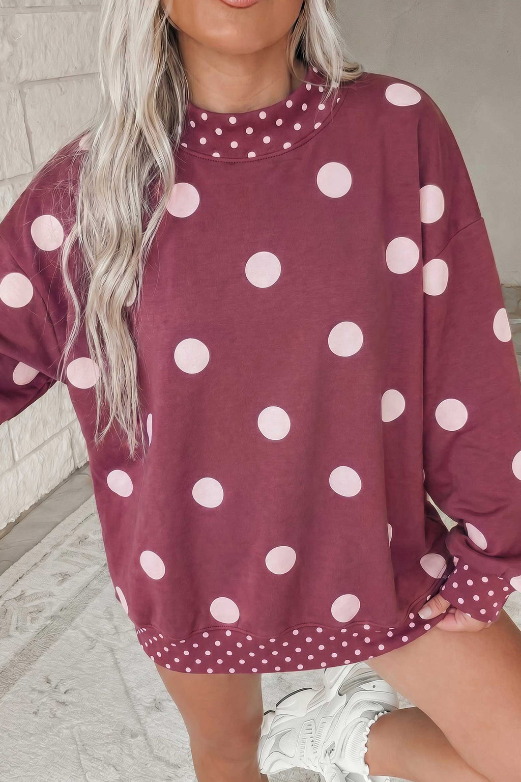 Red Polka Dot Print Contrast Detail Oversized Tunic Sweatshirt