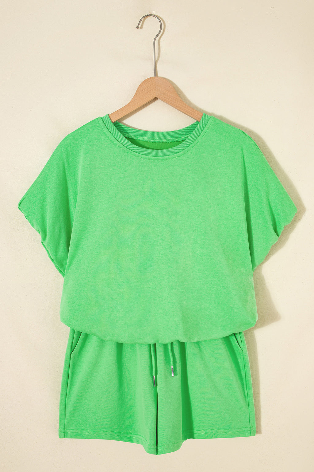 Light Blue Solid Color Puffy Loose Top Drawstring Shorts 2pcs Outfit