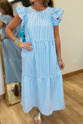 Blue Knot Back Ruffled Short Sleeve Gingham Maxi Dress