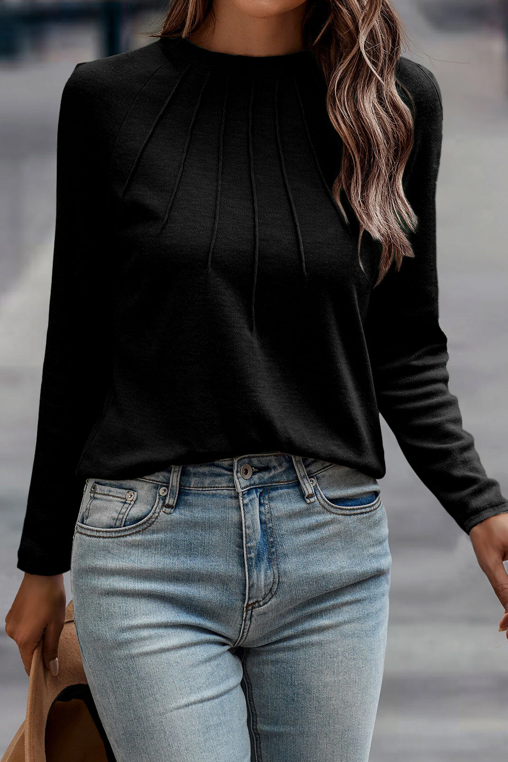 Laurel Green Solid Color Seam Detail Raglan Long Sleeve Top